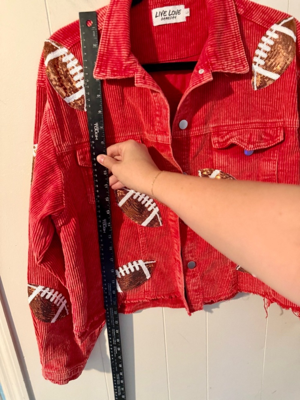Live Love Gameday Red Corduroy Jacket with Sequin Footballs, Size L - Picture 5 of 6